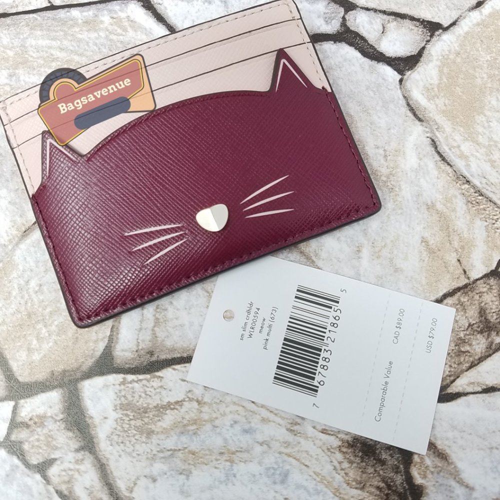#bagsavenue Meow Cat Slim Card Holder Blackberry Preserve Pink Multi Kate spade - Picture 7 of 7